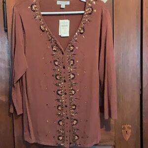 Coldwater Creek Brown Embellished 3/4 Sleeve Sweater
